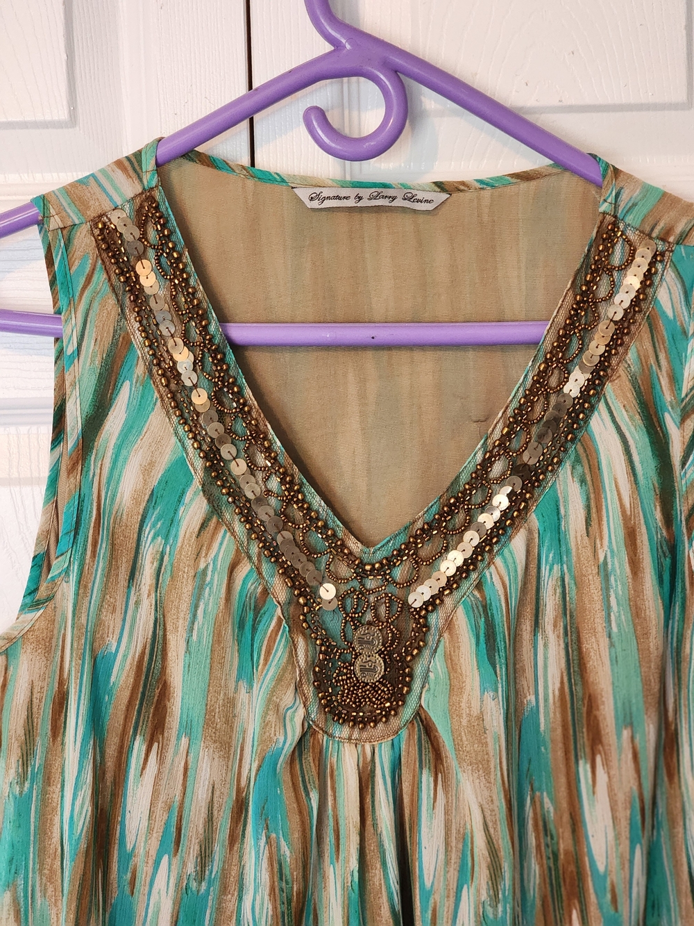 Signature by Larry Levine Teal Tan Beaded V-Neck Sleeveless Lined Top PTP 22" - Picture 7 of 11